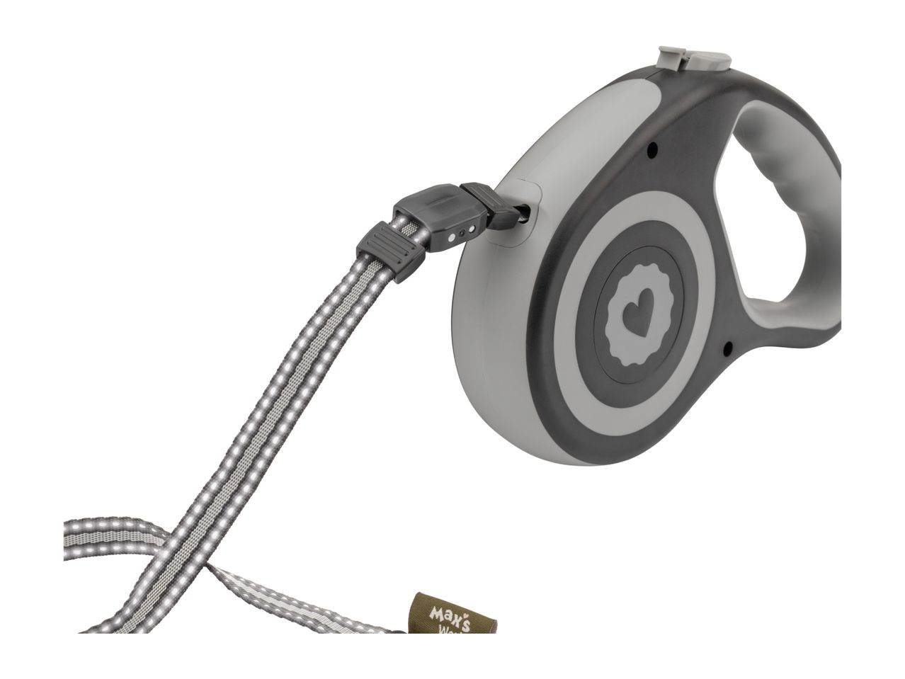 Grey retractable dog leash with a heart design and patterned tape.