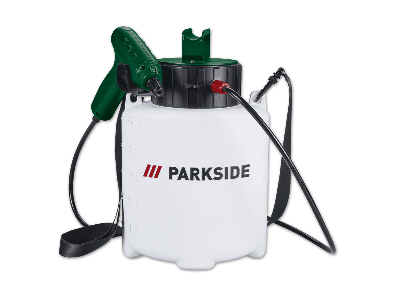 Weißer Gartensprüher mit grünem Sprühkopf und schwarzem Tragegurt