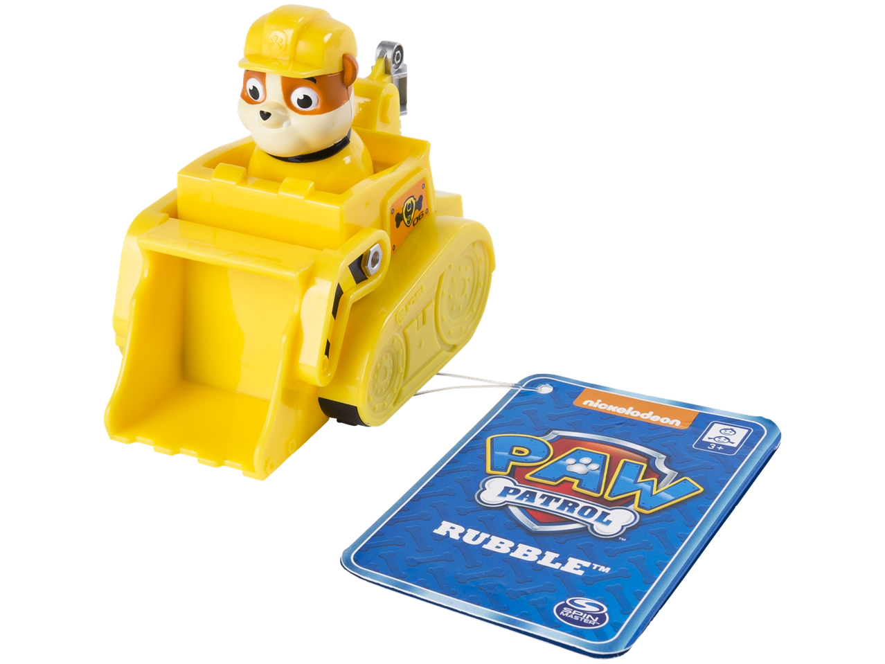 Figura PAW PATROL Rubble em veículo escavadeira amarelo com etiqueta.