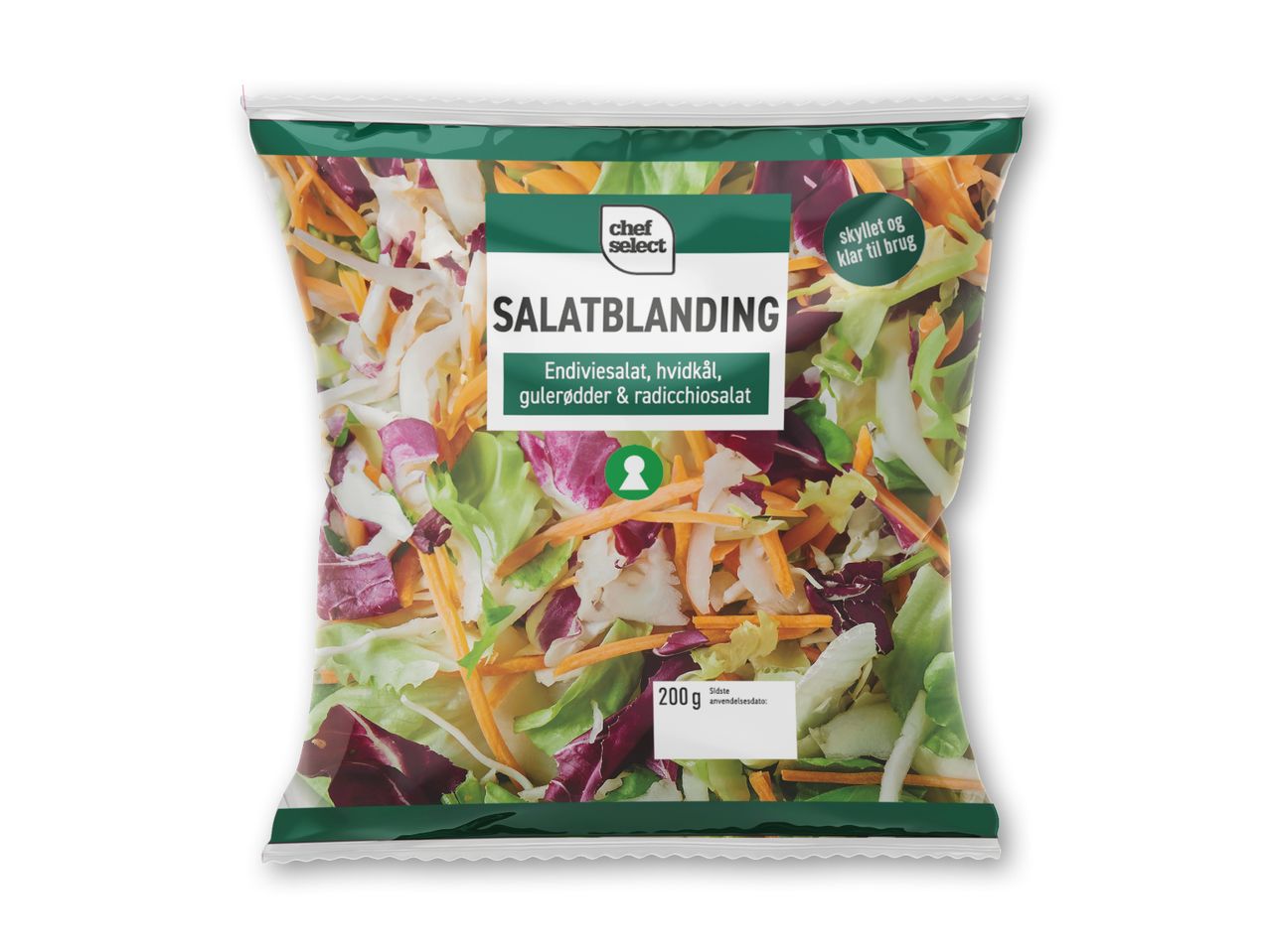 Pose med salatblanding fra Chef Select med endiviesalat, hvidkål, gulerødder og radicchio.