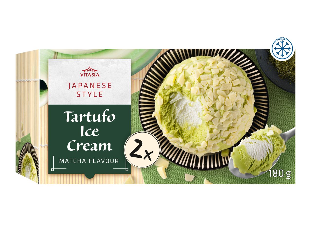 Japanese style matcha tartufo ice cream, 2 pieces, 180g, frozen.
