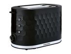 Black two-slice toaster with a textured honeycomb pattern and silver accents.