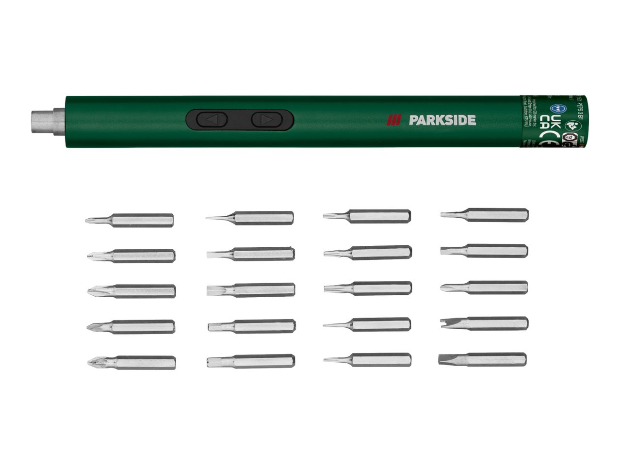 A green electric screwdriver with two buttons and a set of various screwdriver bits.