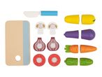 Wooden toy cutting board, knife, and various vegetables like corn, eggplant, carrot, cucumber, mushrooms, onions, and tomatoes.