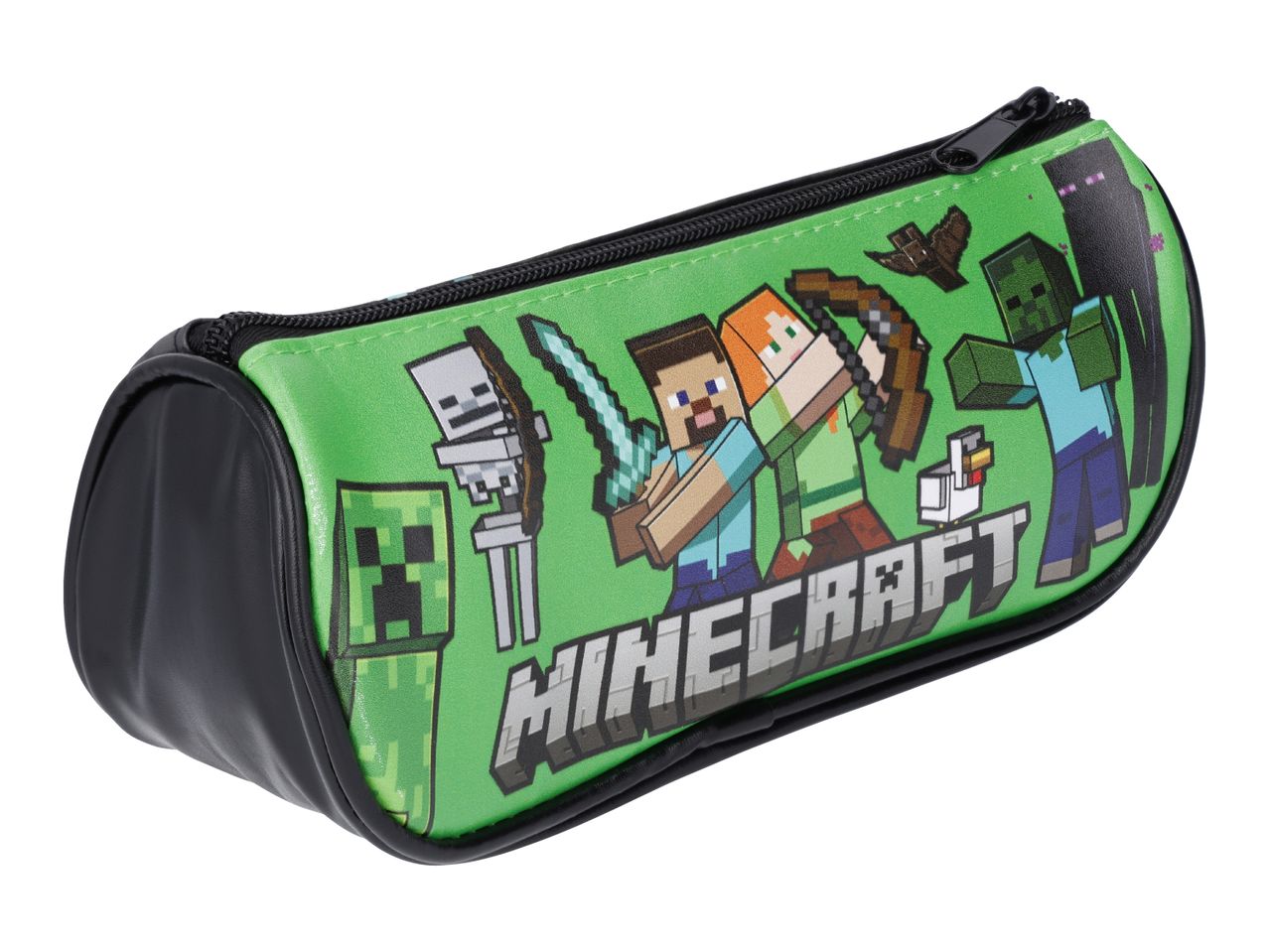 Green pencil case with Minecraft characters like Steve, Alex, Creeper, Zombie, Skeleton, and Enderman.