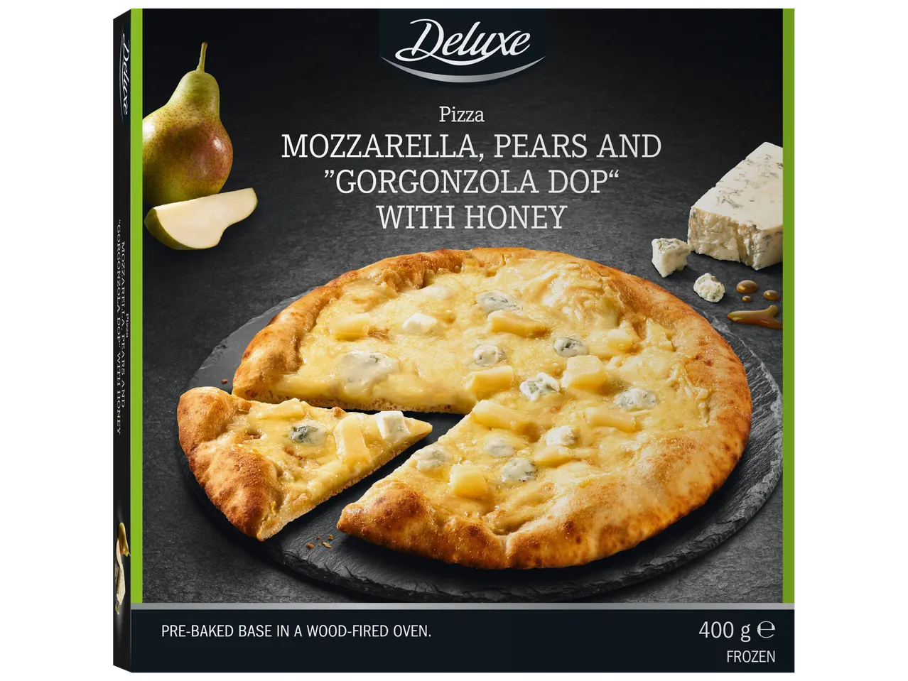 Deluxe pica su mocarela, kriaušėmis ir gorgonzola su medumi, iš anksto keptas padas.