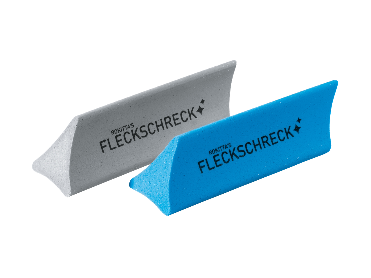 Zwei ROKITTA'S Fleckschreck Fleckenentferner, einer grau und einer blau.