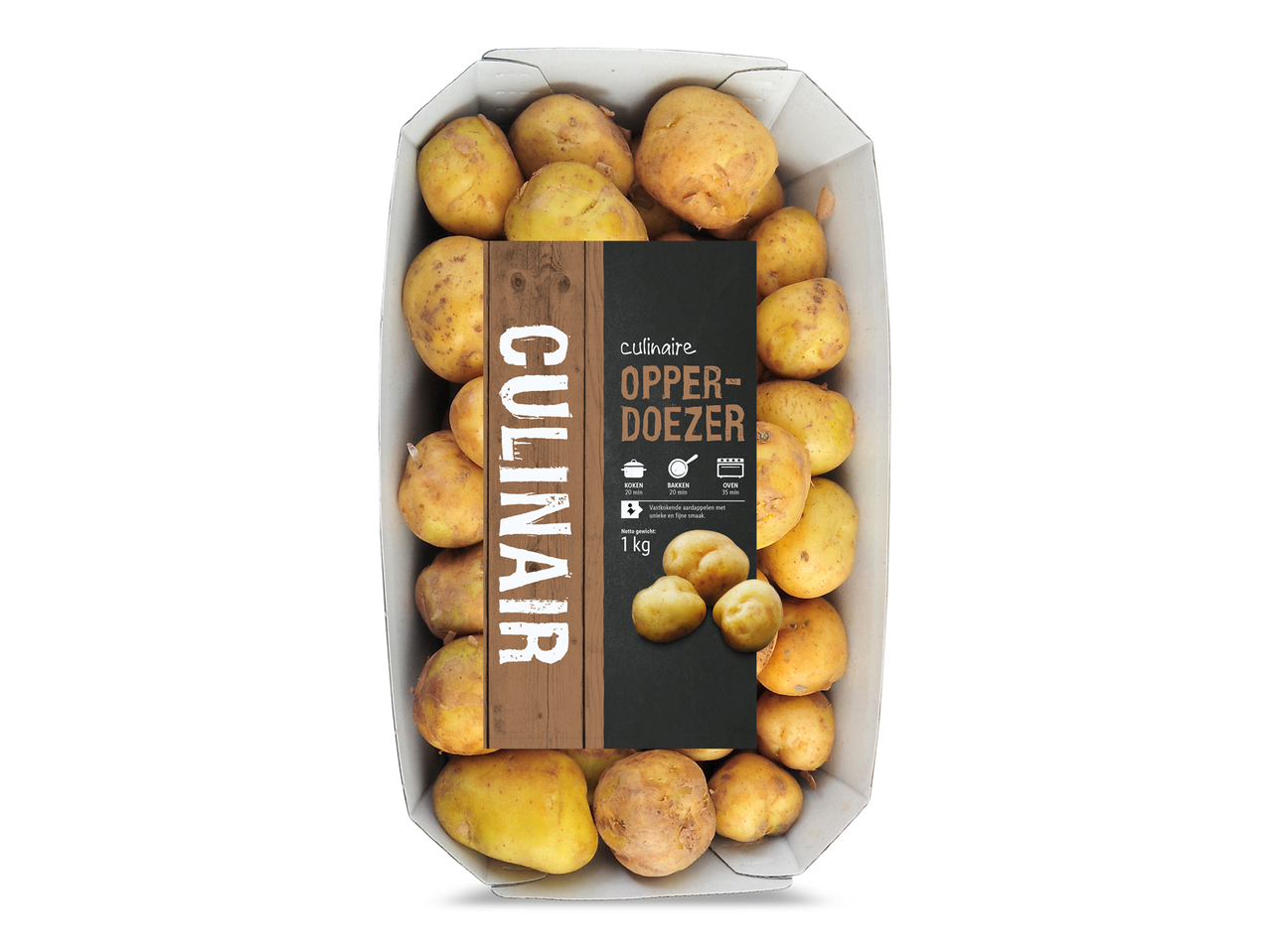 Een doos met culinaire Opperdoezer aardappelen, 1 kg, met kook- en baktijden.