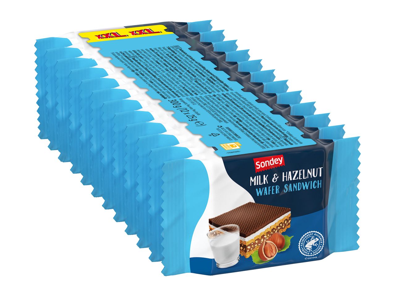 A stack of Sondey Milk & Hazelnut Wafer Sandwiches, individually wrapped in blue and dark-blue packaging.