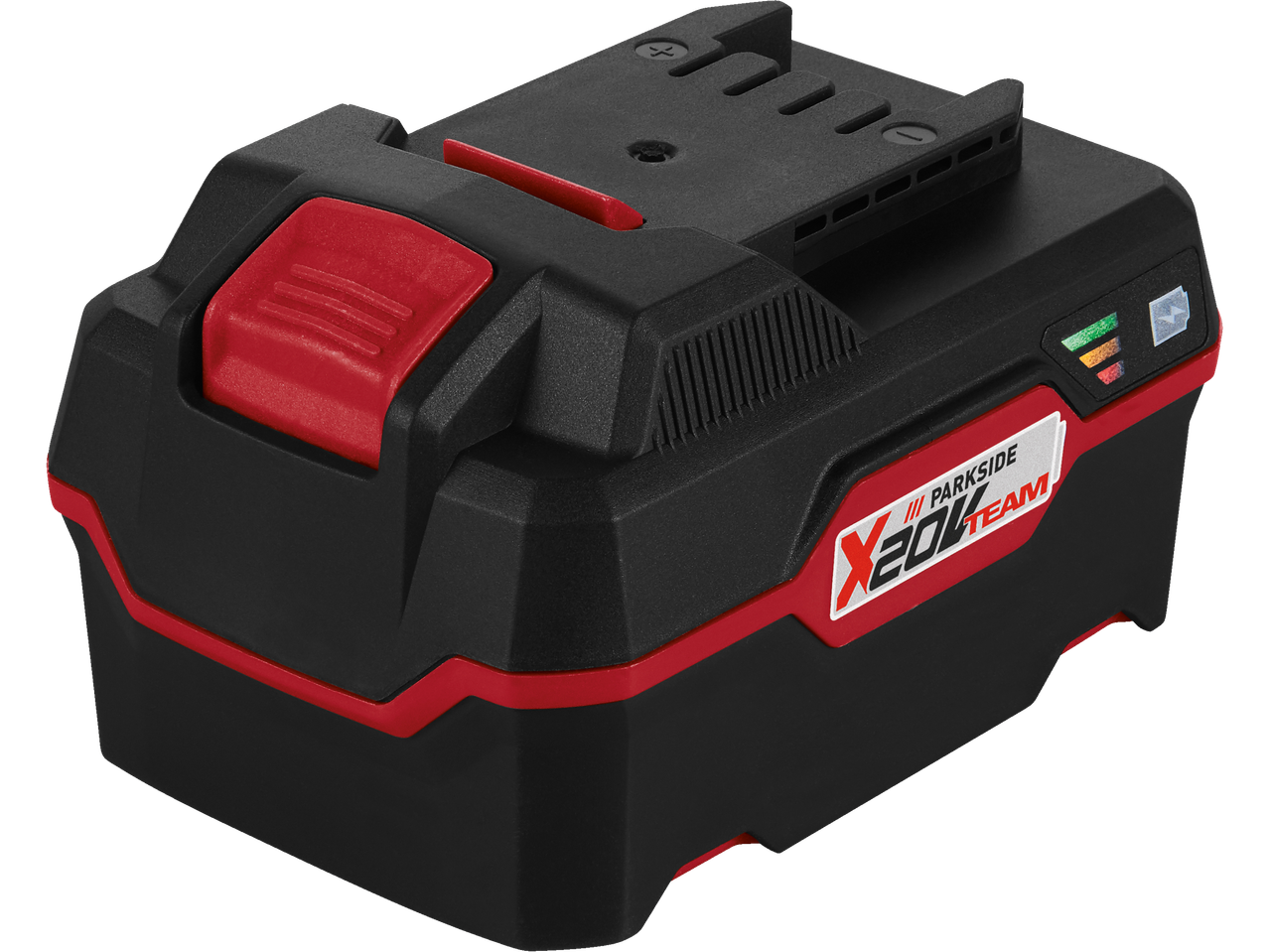 Bateria Parkside X 20V Team preta e vermelha.
