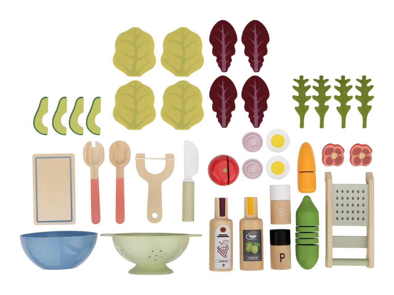 Wooden toy salad set with various vegetables, utensils, and condiments.