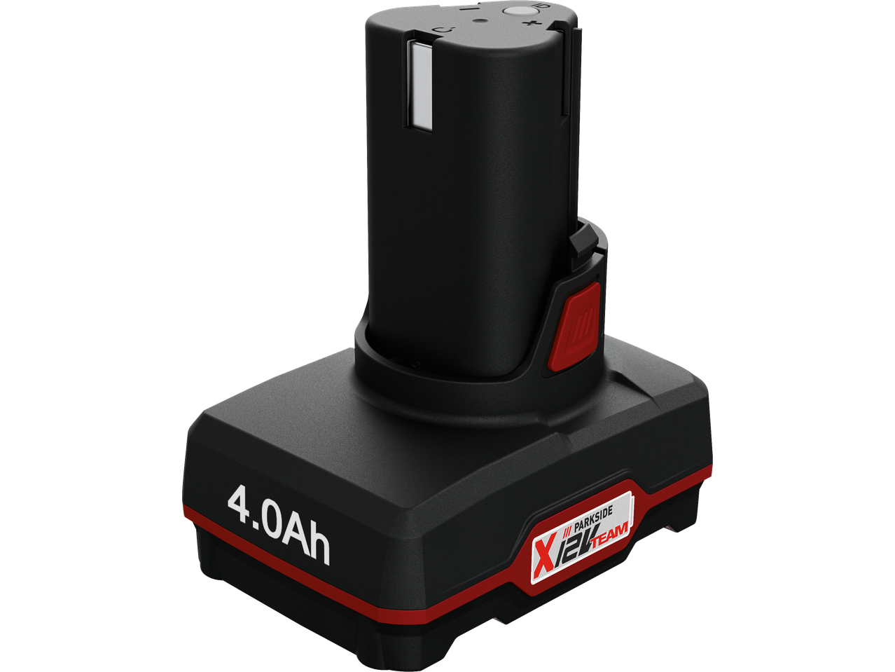 Parkside 4.0Ah X 12V Team aku, must punaste detailidega