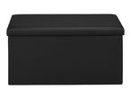 Black faux leather storage ottoman with a rectangular shape