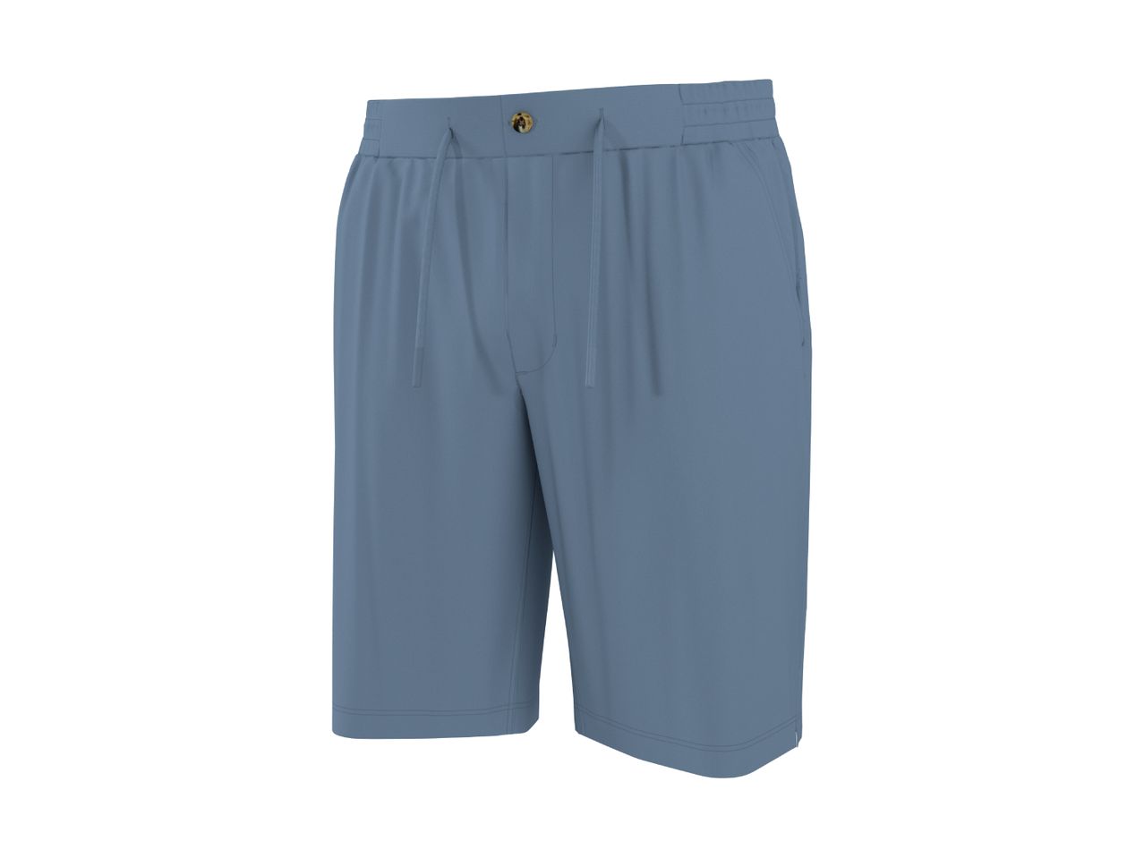 Men's blue shorts with an elasticated waist, drawstring, and button detail.