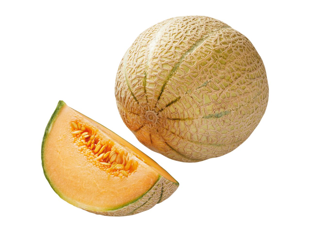 Whole cantaloupe melon and a slice with visible seeds, isolated on white.