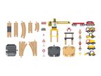 Wooden toy train tracks, construction vehicles, crane, and worker figures.