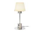 A brushed nickel table lamp with a frosted glass shade and a built-in USB port.