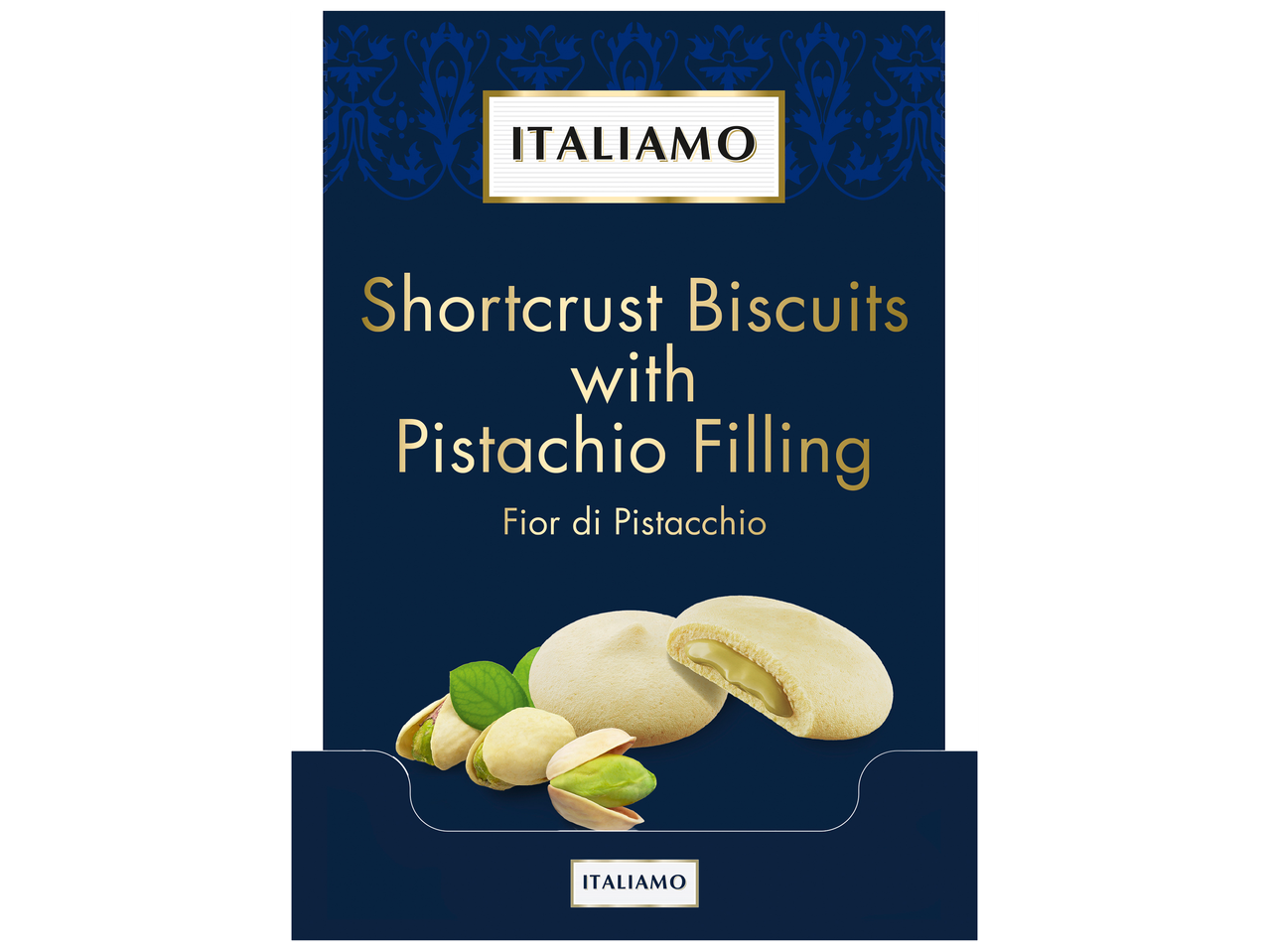 Biscuits sablés fourrés à la pistache sur fond bleu foncé avec motif décoratif.