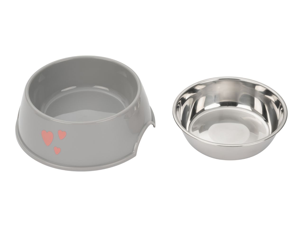 Grey plastic pet bowl with pink hearts next to a removable stainless steel insert.