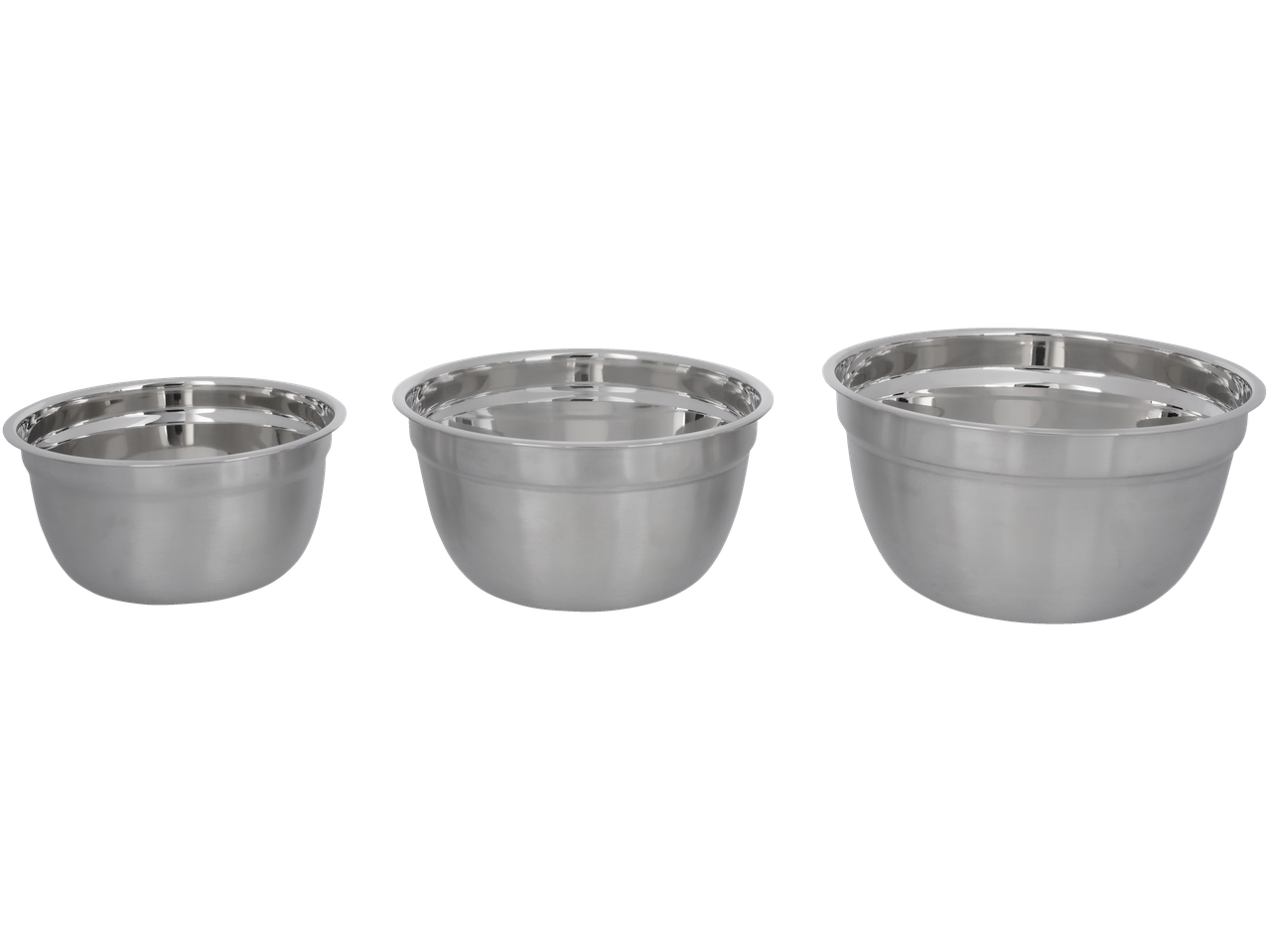 Três tigelas de aço brilhantes em diferentes tamanhos.