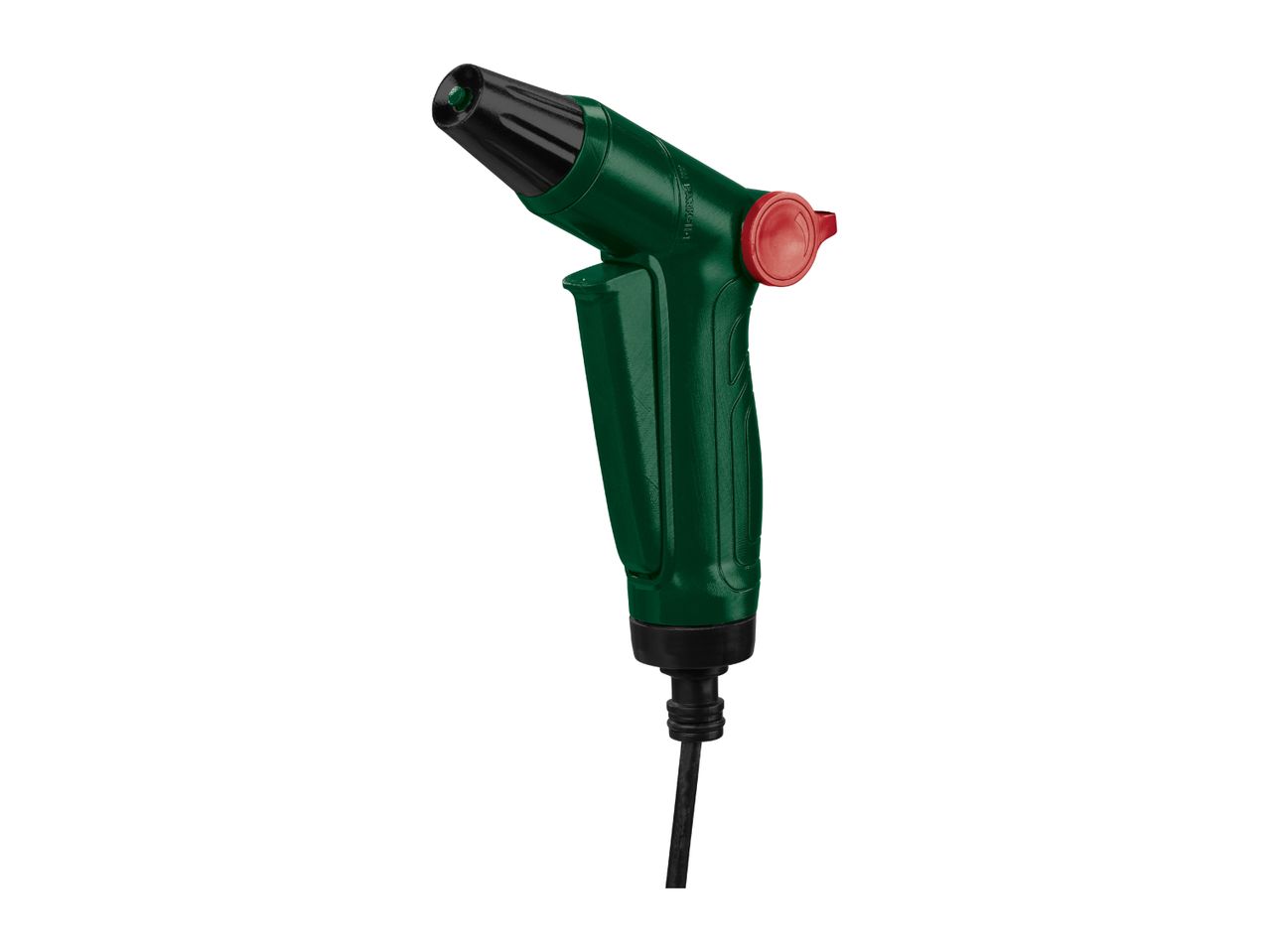 Green garden spray gun with a red flow control knob and black nozzle