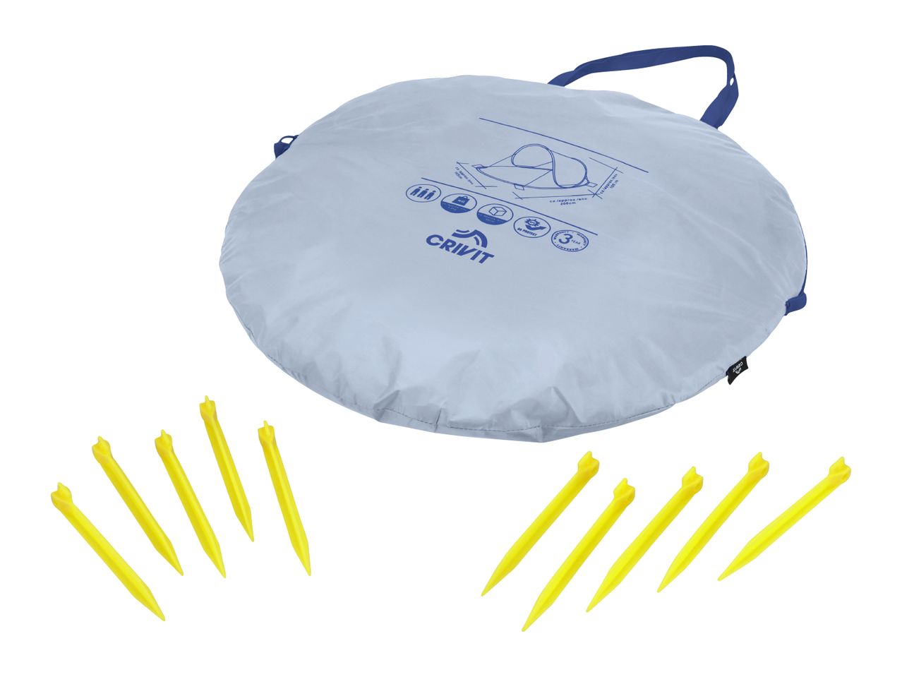 A light grey circular tent bag with blue text and yellow tent pegs.