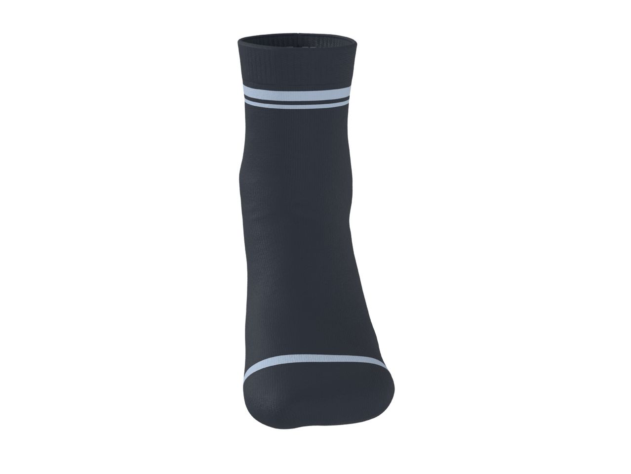 Dark grey sock with two light blue stripes around the cuff and one stripe on the toe.