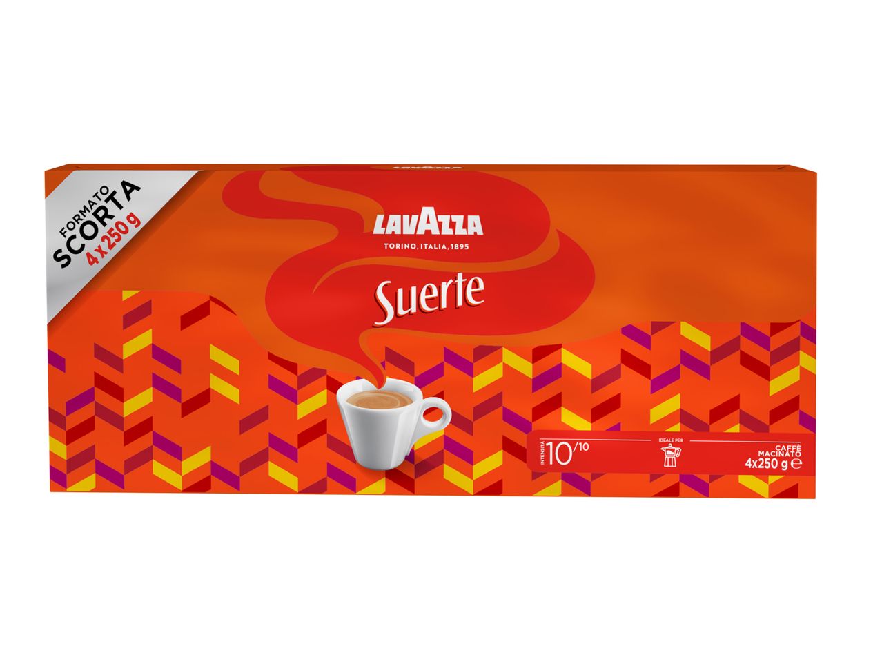Confezione Lavazza Suerte, caffè macinato, formato scorta 4x250g.