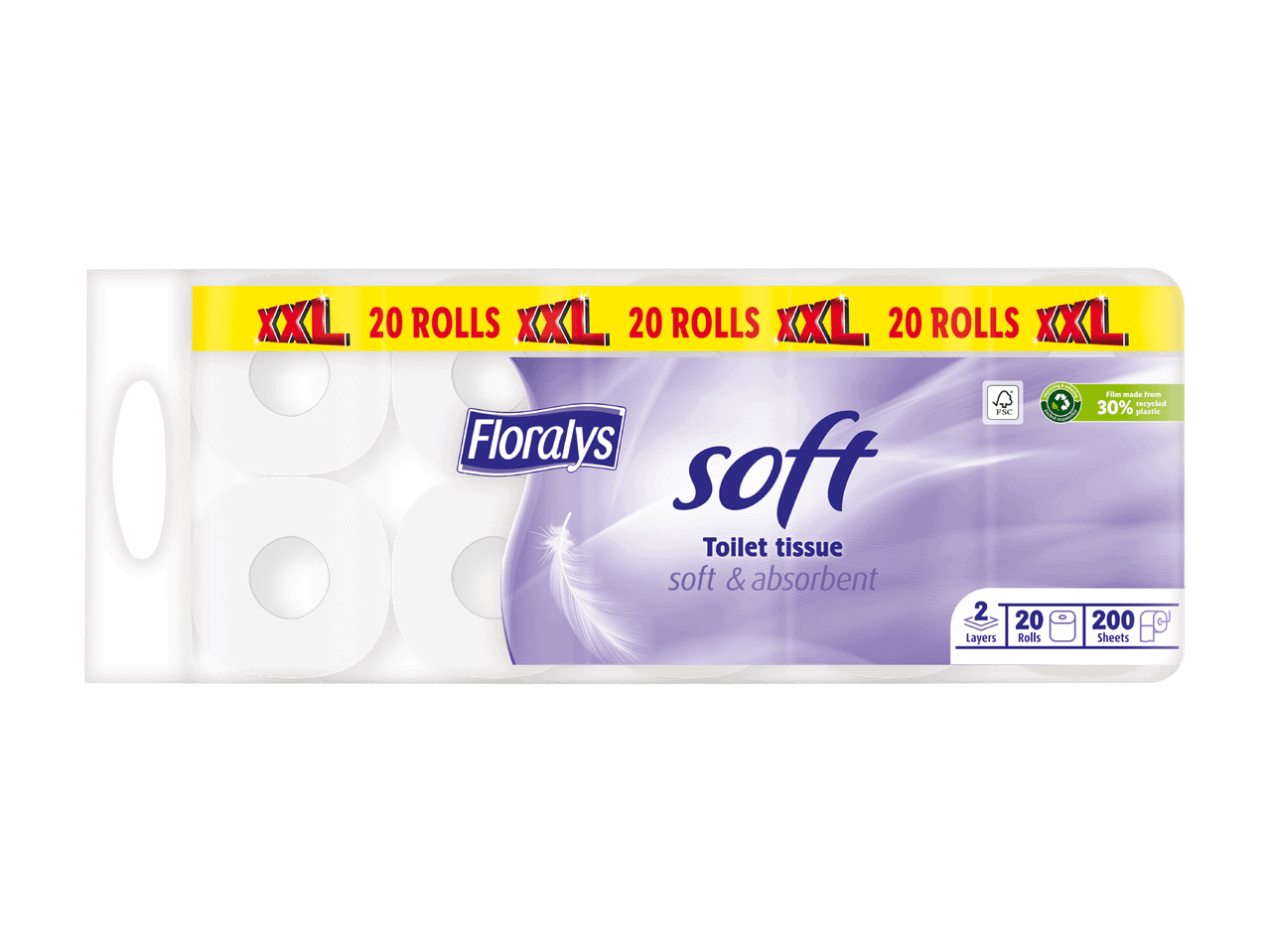 Paquet de papier toilette Floralys Soft XXL de 20 rouleaux.