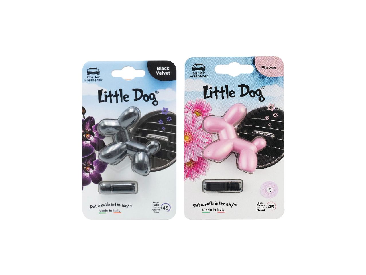Du „Little Dog“ automobilio oro gaivikliai: juodas ir rožinis, su atitinkamais kvapais.