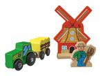 Wooden toy set featuring a green tractor with a yellow trailer, a windmill, and a farmer figure.