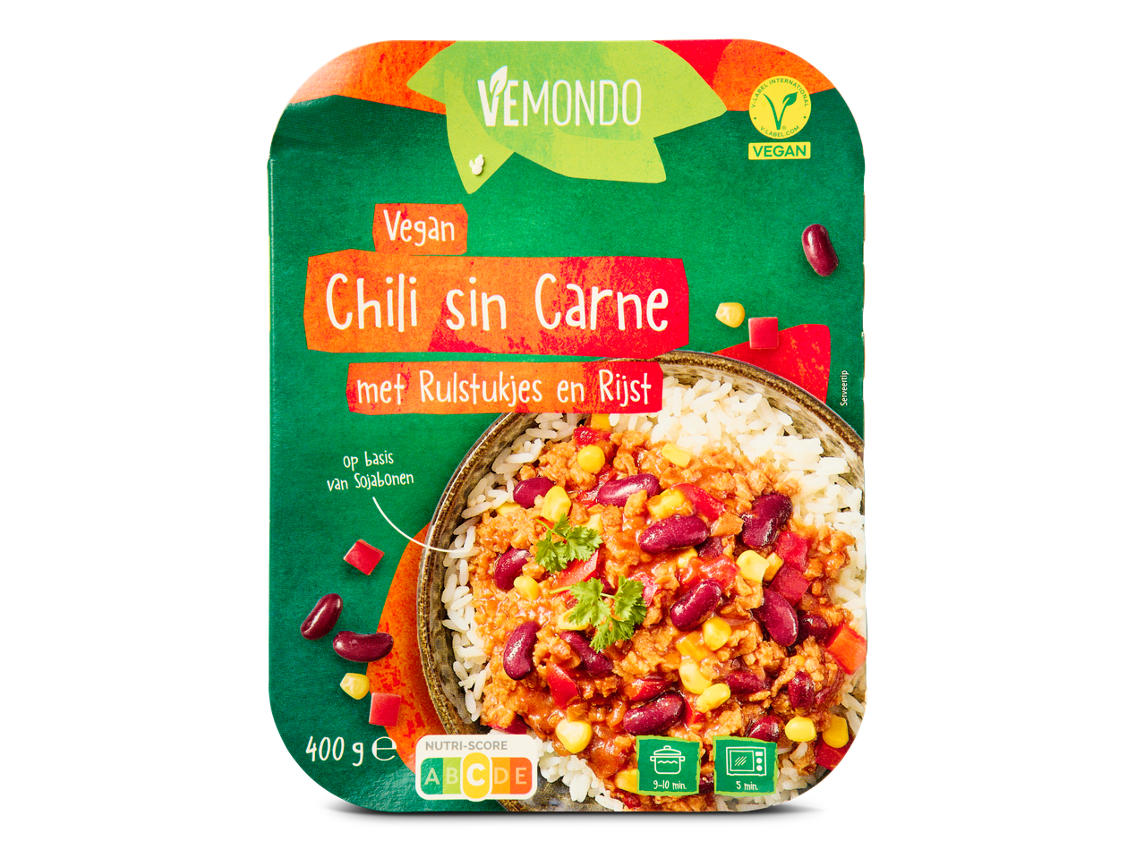 Vémonde Vegan Chili sin Carne met rijst: kant-en-klare sojagericht.