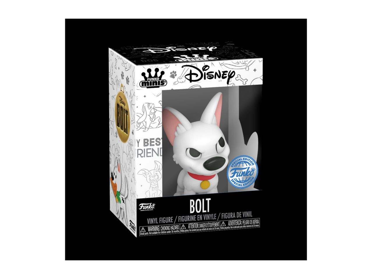 A collectible figure of a white dog with a red collar in a display box.