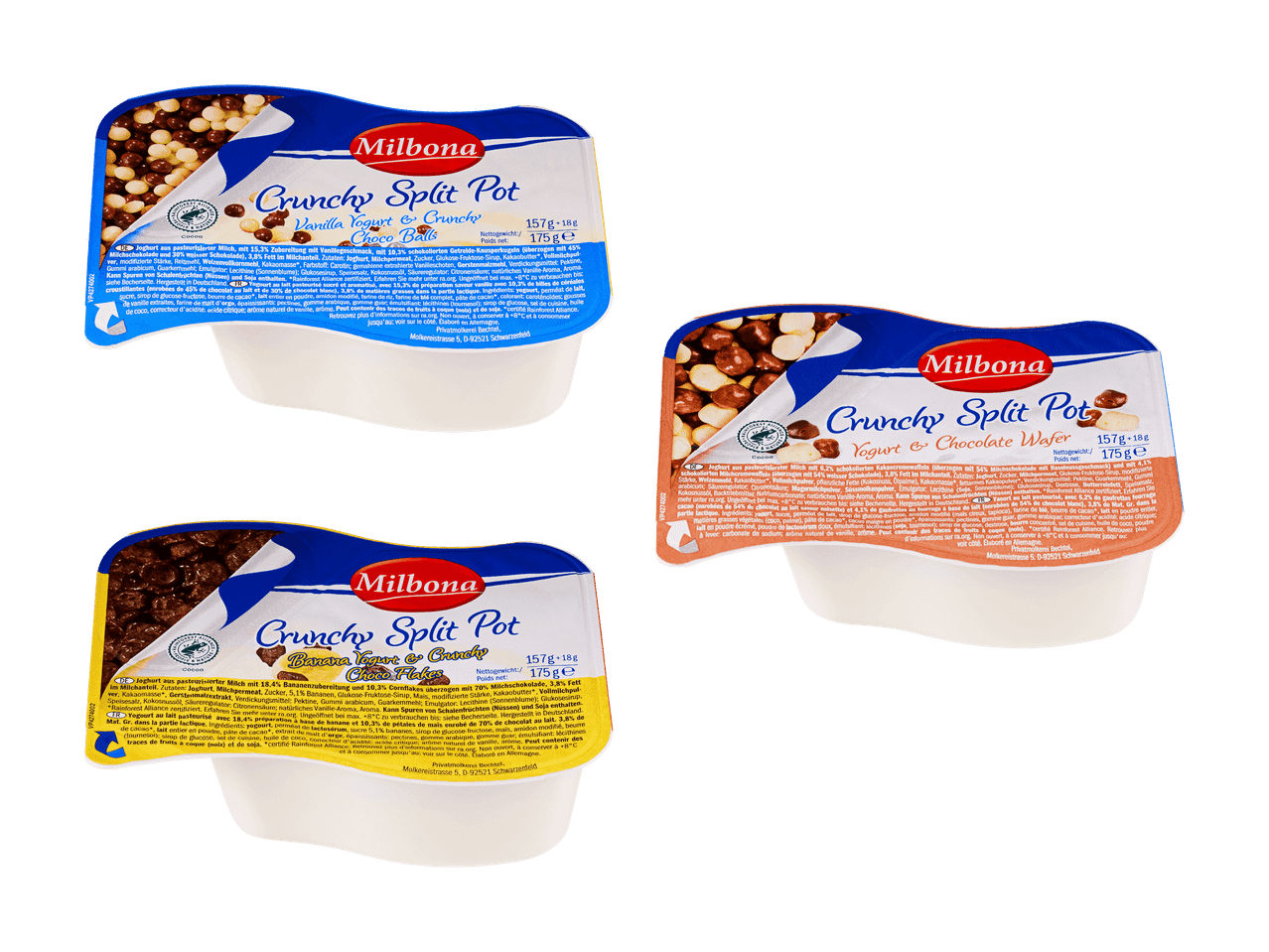 Drei Milbona Crunchy Split Pot Joghurts in den Geschmacksrichtungen Vanille, Banane und Schokolade.