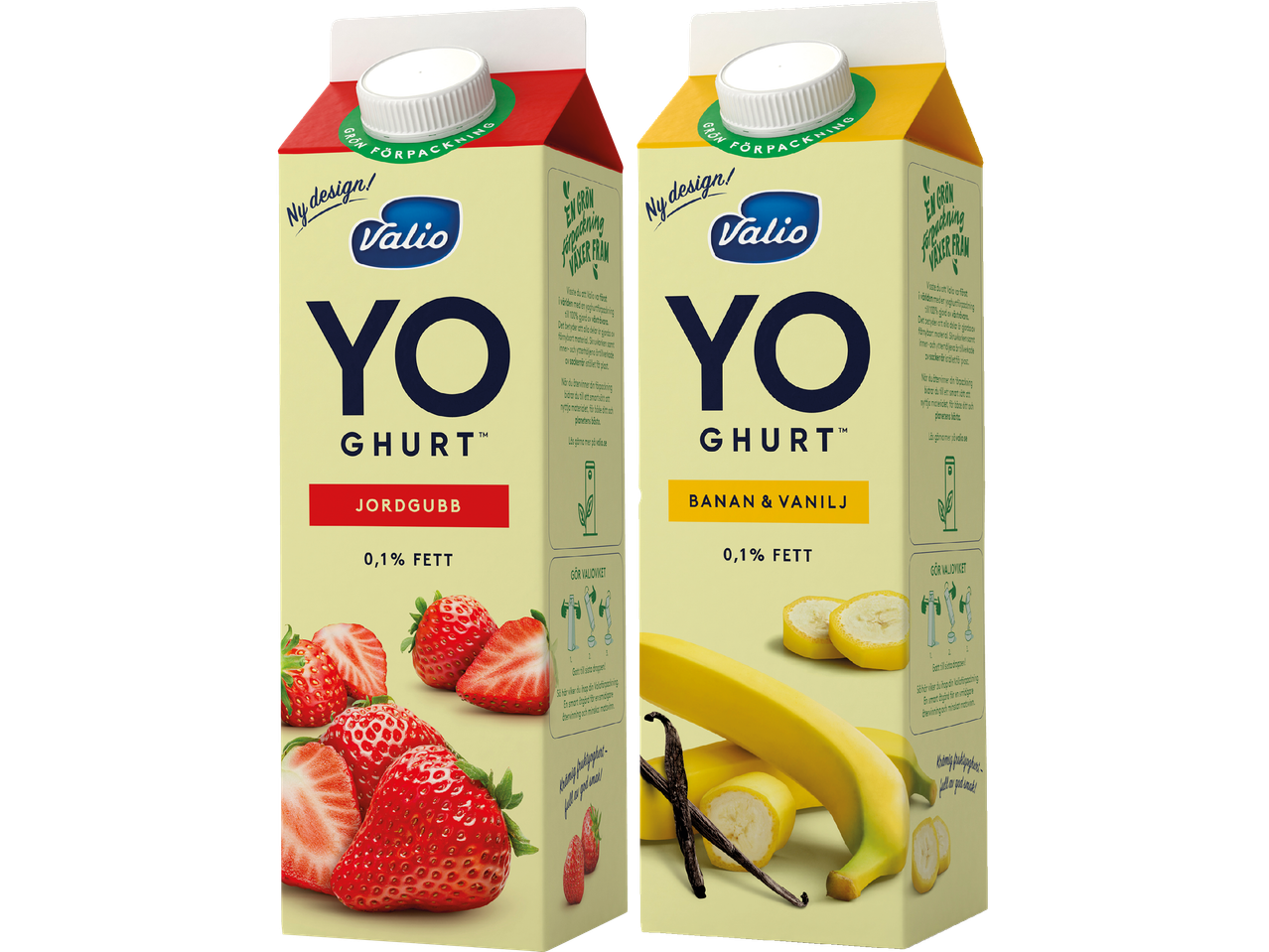 Två Valio YOghurt-förpackningar med jordgubb och banan & vanilj.
