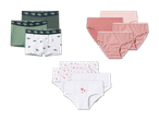 Drei Sets Unterwäsche: grüne Boxershorts mit Dinosauriern, rosa Slips gestreift und mit Herzen.