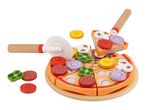 Wooden toy pizza set with toppings and a pizza cutter on a white background.