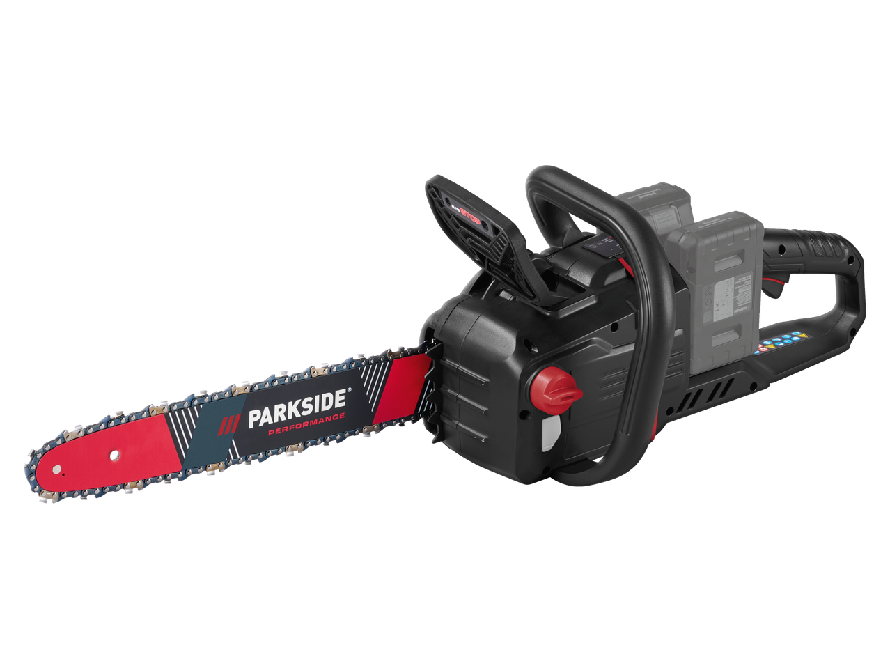 A black and red cordless chainsaw with two batteries, featuring a red and blue guide bar.