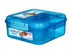 A blue Sistema Klip It lunchbox with divided compartments.