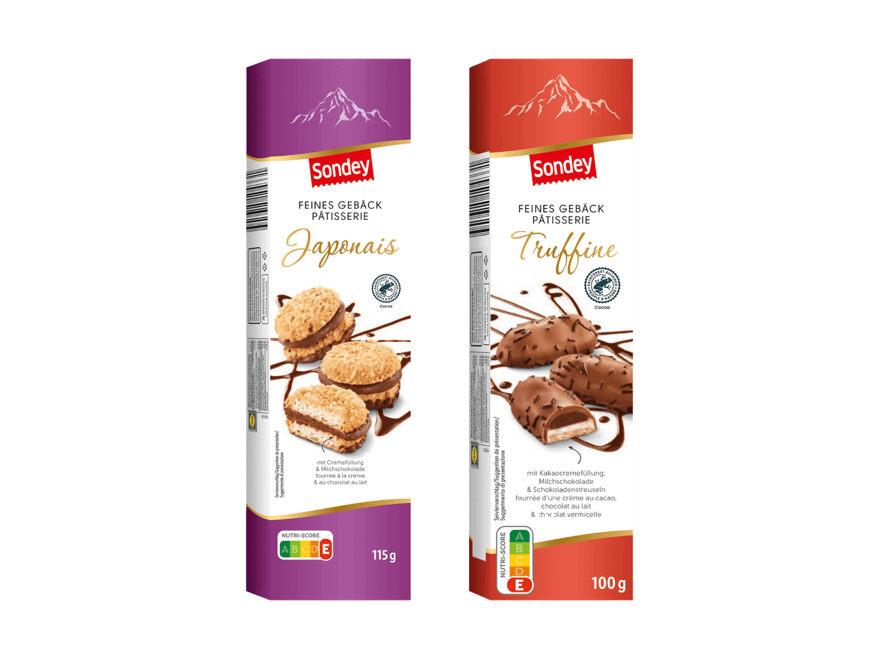 Zwei Packungen Gebäck, eine mit Japonais-Keksen und die andere mit Schokoladen-Truffine.