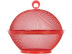 Red metal fruit bowl with a lid.