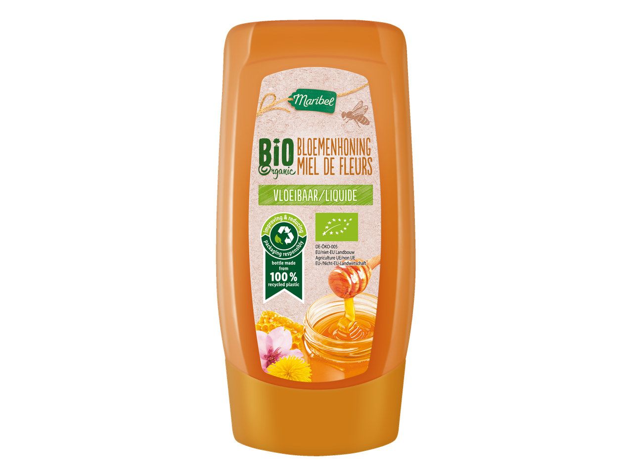 Miel de fleurs biologique Maribel en bouteille souple, avec une étiquette indiquant 100% plastique recyclé.