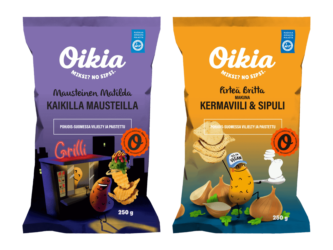Kaksi perunalastupussia, toinen violetti ja toinen oranssi, joissa on sarjakuvahahmoja ja tekstiä.