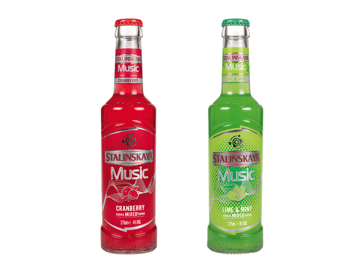 Două sticle de băutură mixtă cu vodcă Stalinskaya Music, una cu aromă de merișoare și una cu aromă de lime și mentă.