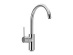 Chrome kitchen faucet with a single lever handle and a curved spout.