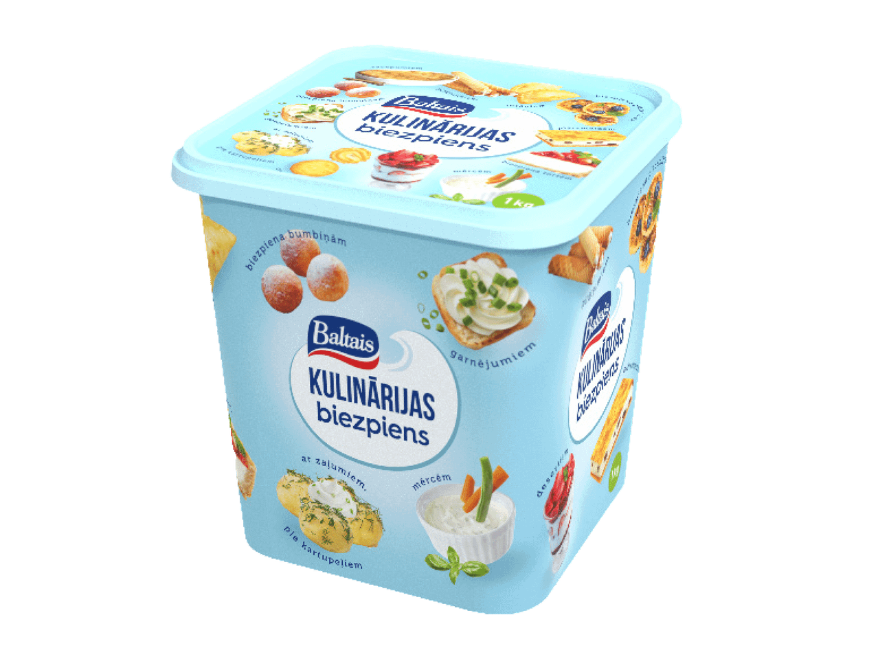 Baltais Kulinārijas biezpiens 1kg, ar attēliem, kas ilustrē tā izmantošanu dažādos ēdienos.