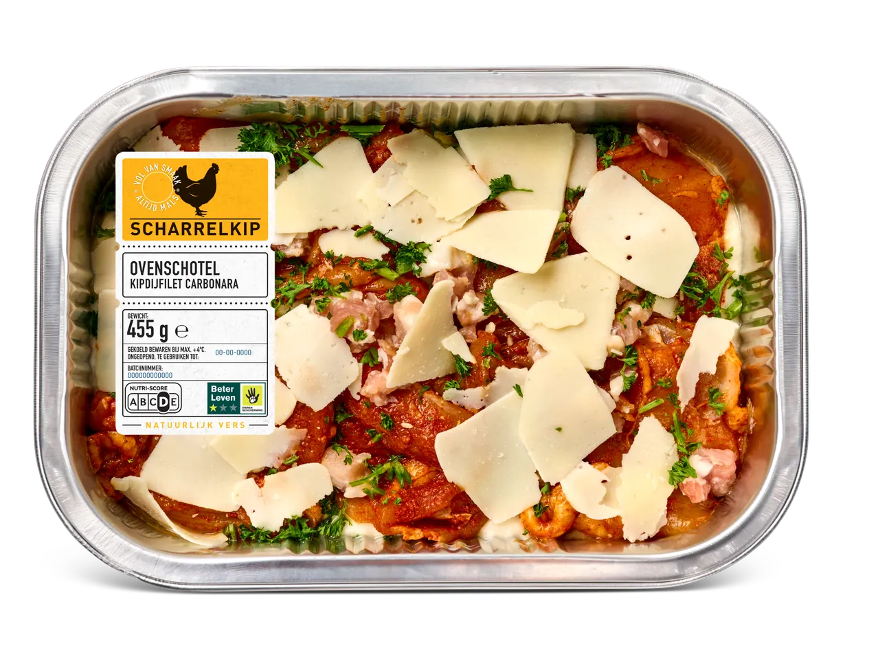 Ovenschotel kipdijfilet carbonara met Nutri-Score D en Beter Leven keurmerk.