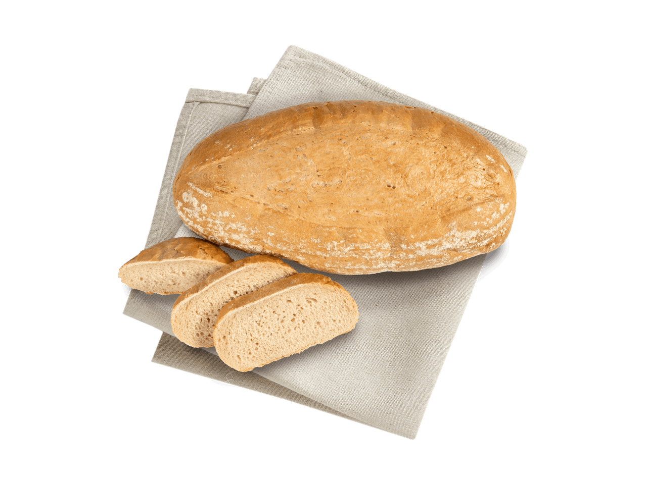 Ein Laib Brot und drei Scheiben auf einem hellen Leinentuch