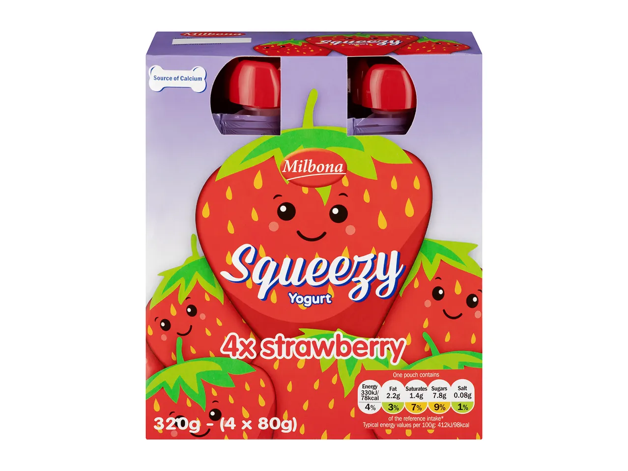 Milbona Squeezy strawberry yogurt, 4 pouches.