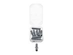 A clear plastic box filled with gray wall plugs, with one plug standing upright below.